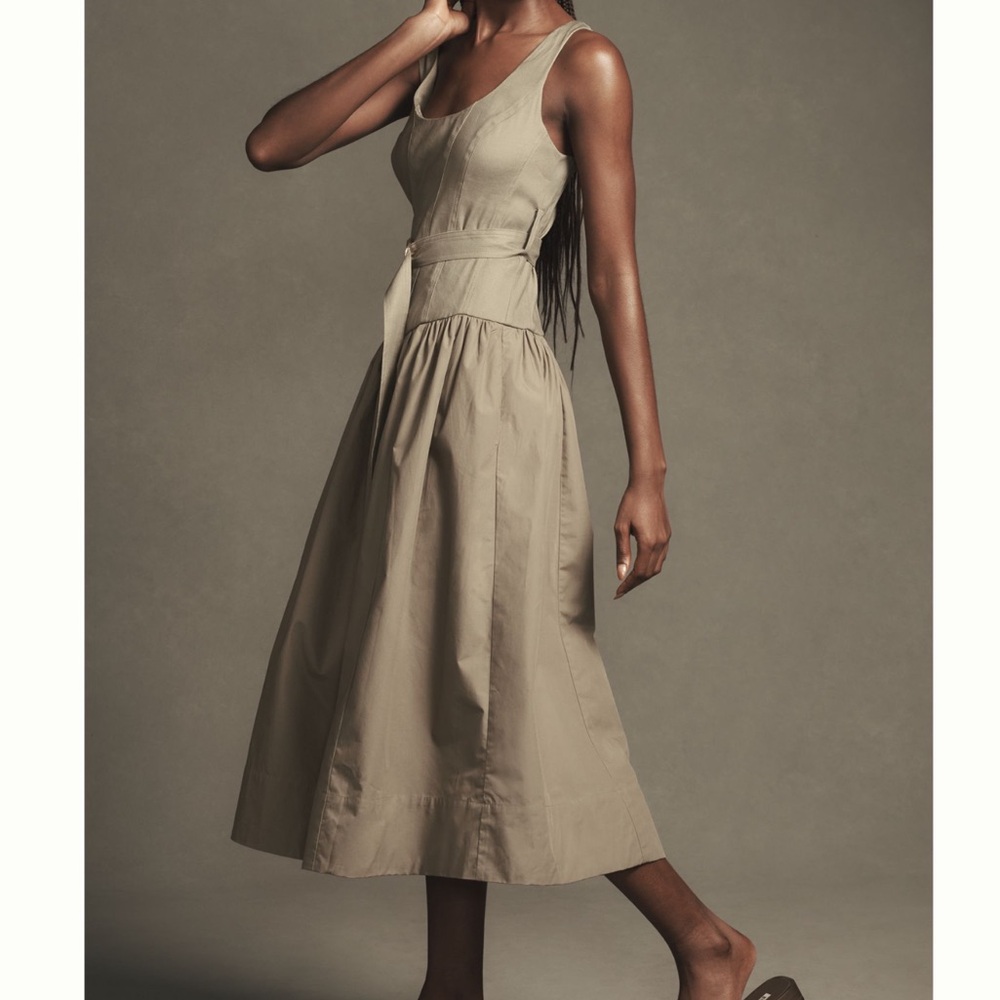Anthropologie Sleeveless Belted Drop-Waist Midi Dress New Large Boho Moss Green - Picture 2 of 16
